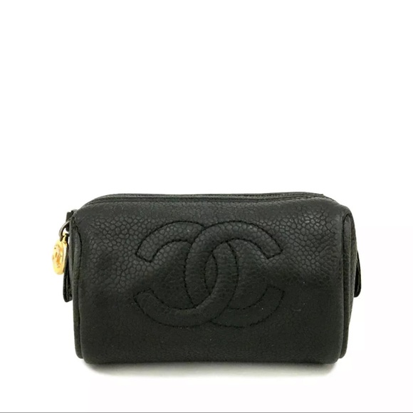AUTH CHANEL CC Logo Caviar Skin Cosmetic Pouch Mini Bag - Picture 1 of 7